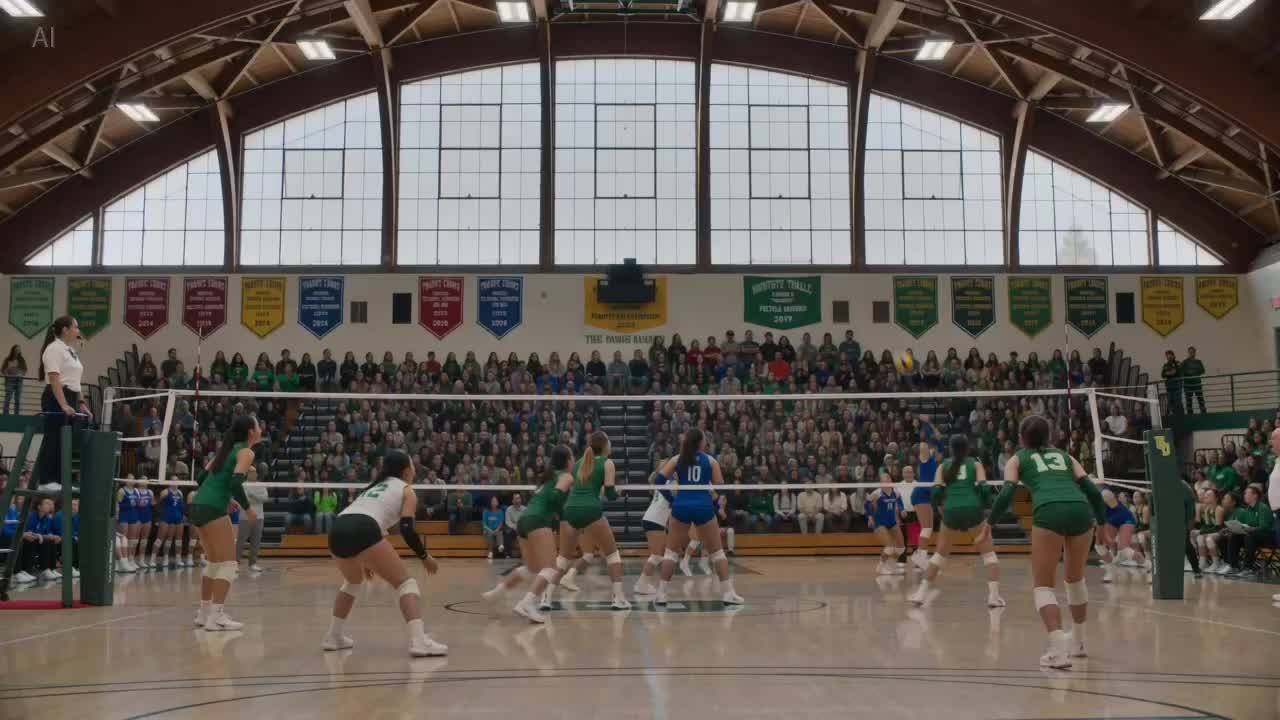 A women's volleyball match segment. Background music: energetic rhythmic track...