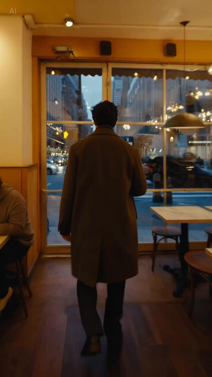 Steadicam long take. Back shot of a man leaving a warm yellow-lit café. He...